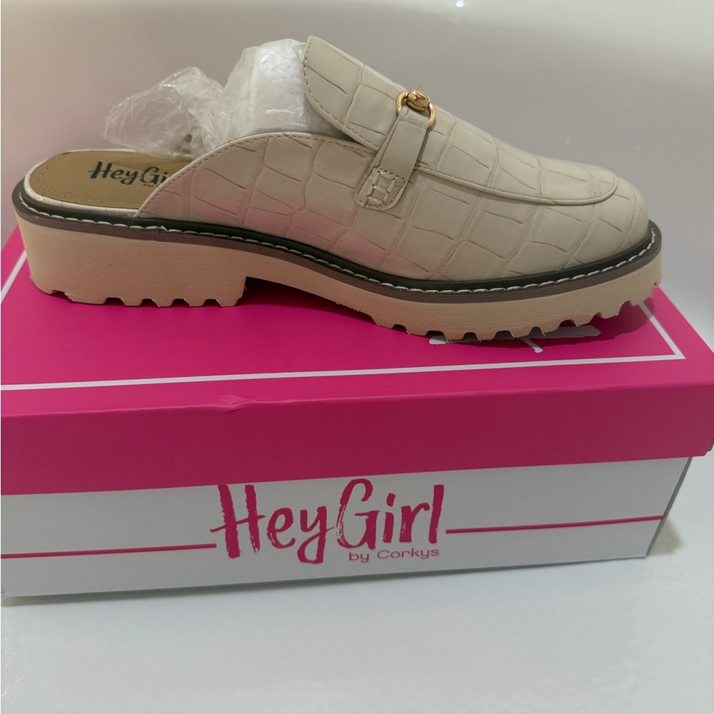 Corkys HeyGirl Cream Croc-Embossed Slip-On Mule with Gold Bit